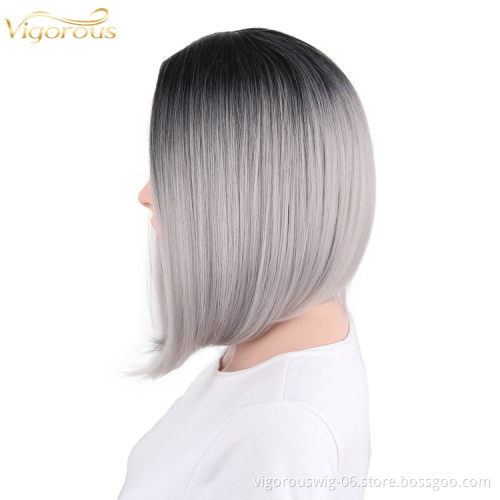 High quality wholesale premium vendor ombre silver short straight wavy hair synthetic heat resistant wig lace front black women